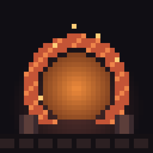 Pixel art stone arch glowing with warm ember light against a dark background