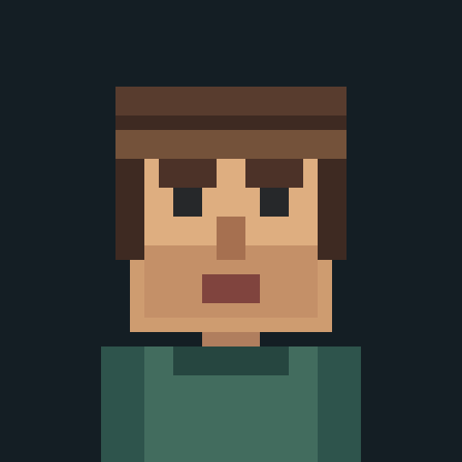 Pixel art portrait of a generic explorer with a brown hat and teal collar