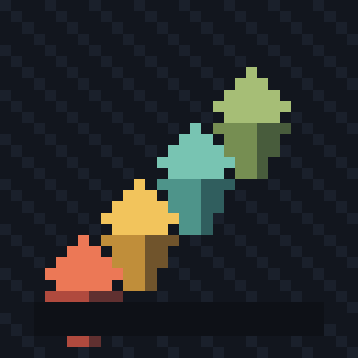 Pixel art isometric staircase made of orange, gold, teal and green cubes
